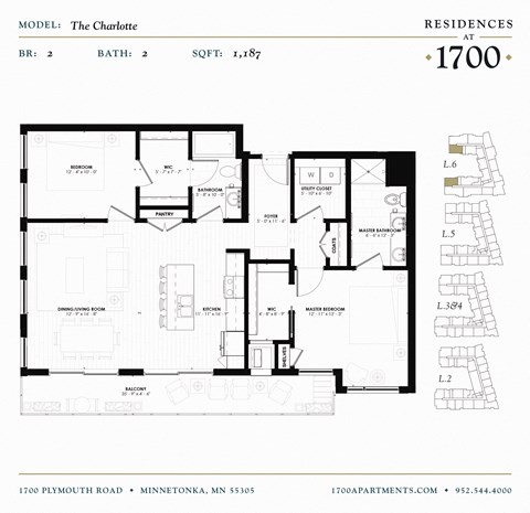 Floor plan for 2 beds, 2 baths, 1187 sqft